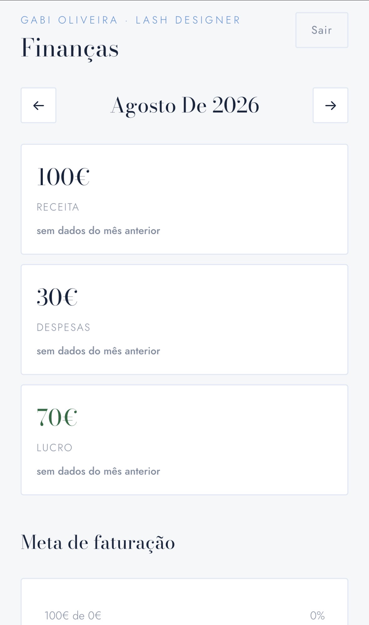 Painel financeiro, com receita, despesas e lucro
